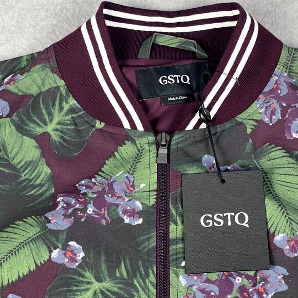 GSTQ Jacket Mens Medium Burgundy Green Floral Bomber Varsity Lightweight Zip Up - Picture 5 of 15